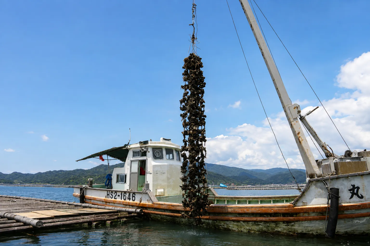 呉の海で牡蠣を育てる養殖船といかだ